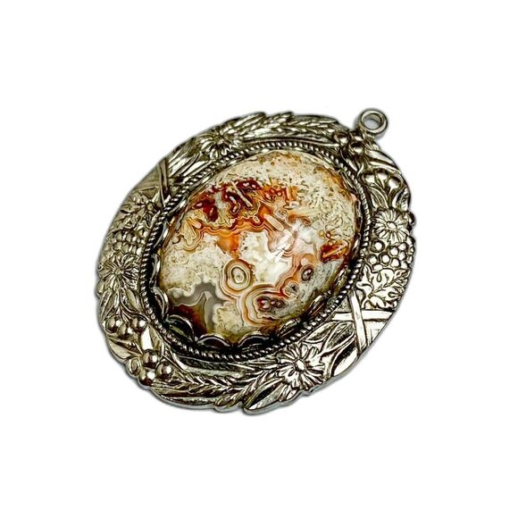 Victorian Gold w Tan, Orange Marble Type Oval Pearl Center Pendant - Picture 2 of 3